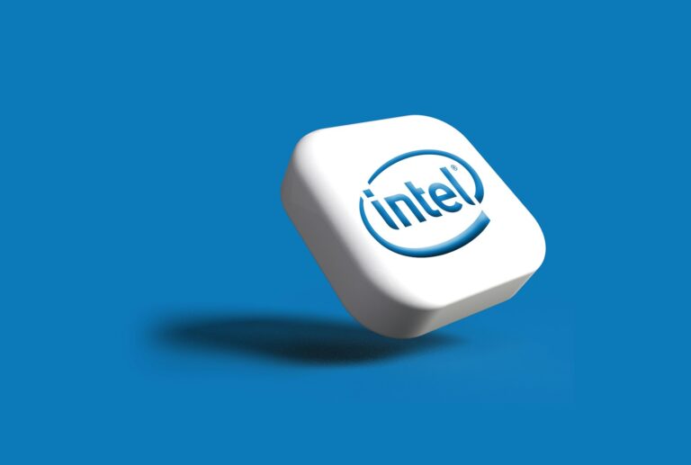the intel logo is shown on a white cube